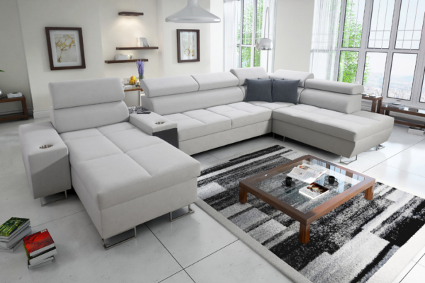 Narożnik BIETA V - regulowane zagłówki + otwierany barek + GRATIS PODUSZKI - 371x221/170 cm