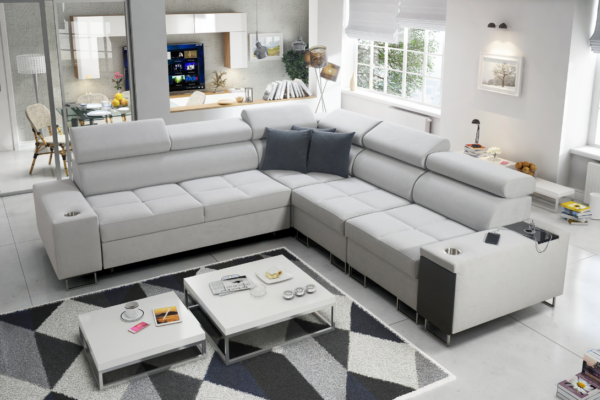 Narożnik BIETA III - regulowane zagłówki + barek + GRATIS PODUSZKI - 283x284 cm