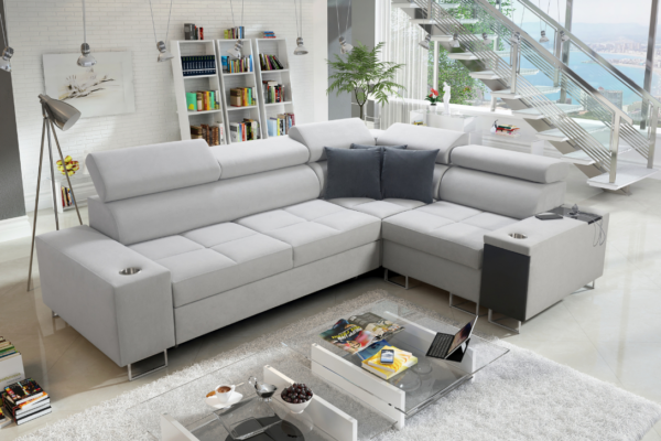 Narożnik BIETA II - regulowane zagłówki + barek + GRATIS PODUSZKI - 283x207 cm