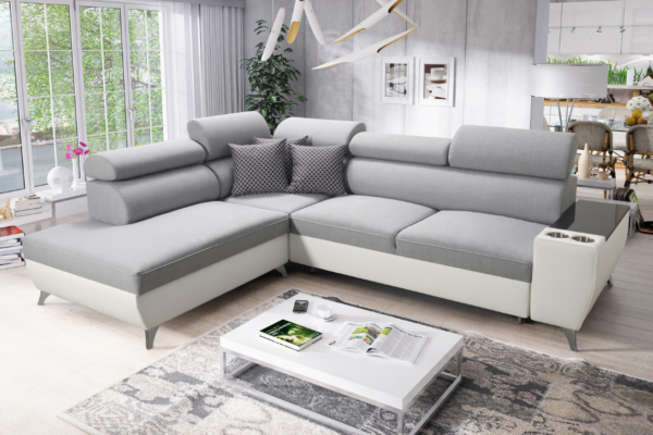 Narożnik LIRA VII - regulowane zagłówki + barek + GRATIS PODUSZKI - 283x223 cm