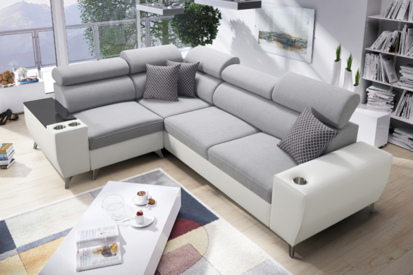 Narożnik LIRA II - regulowane zagłówki + barek + GRATIS PODUSZKI - 283x207 cm