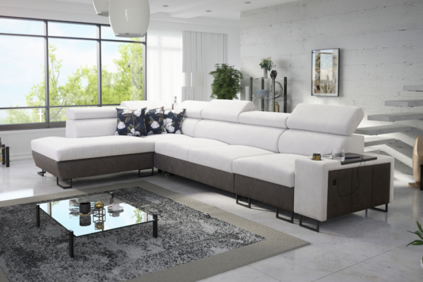 Narożnik LEMBO XI MAXI - regulowane zagłówki + port USB + GRATIS PODUSZKI - 360x220 cm