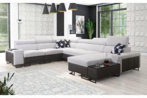 Narożnik LEMBO VIII - regulowane zagłówki + barek + GRATIS PODUSZKI - 358x280/182 cm