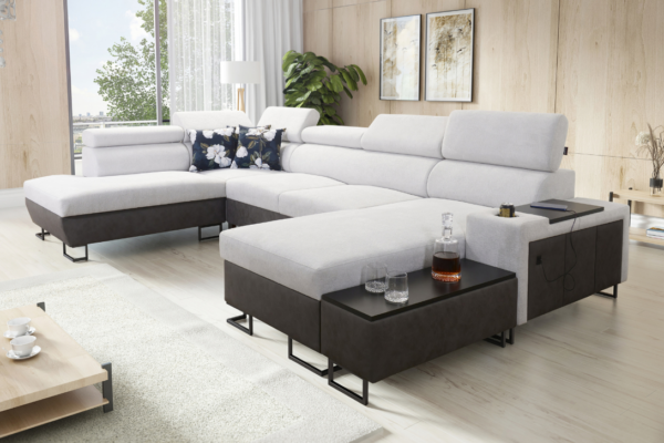 Narożnik LEMBO VI - regulowane zagłówki + barek + GRATIS PODUSZKI - 363x220/182 cm