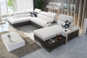 Narożnik LEMBO V - regulowane zagłówki + barek + GRATIS PODUSZKI - 375x220/170 cm