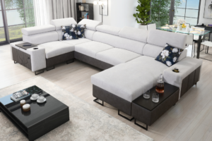 Narożnik LEMBO IV MAXI - regulowane zagłówki + barek + GRATIS PODUSZKI - 358x205/170 cm