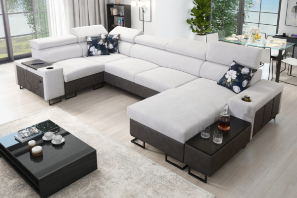 Narożnik LEMBO IV MAXI - regulowane zagłówki + barek + GRATIS PODUSZKI - 358x205/170 cm