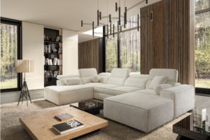 Narożnik TAVIO VI - regulowane zagłówki + pojemnik na pościel + GRATIS PODUSZKI - 343x216/187 cm