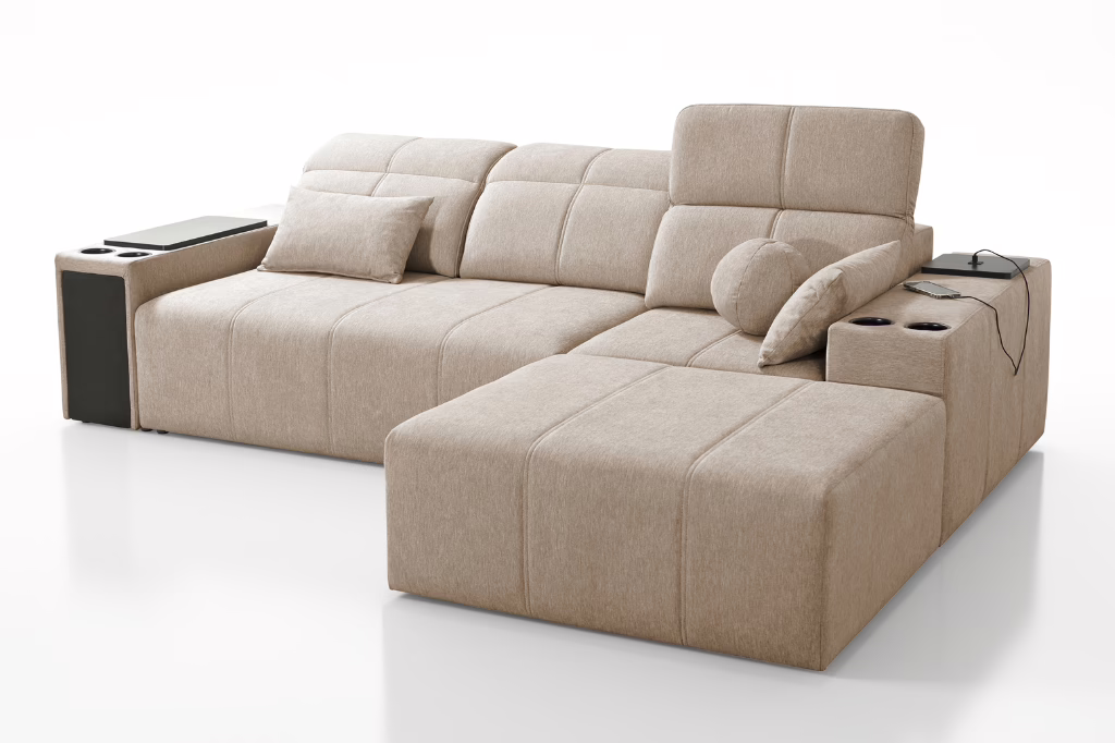 Narożnik INEZ I – regulowane zagłówki + 2x barek + GRATIS PODUSZKI – 274×202 cm