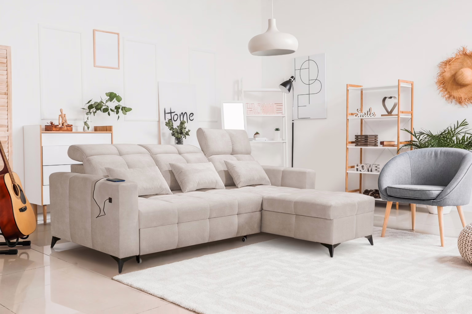 Narożnik ARLO – regulowane zagłówki + port USB + GRATIS PODUSZKI