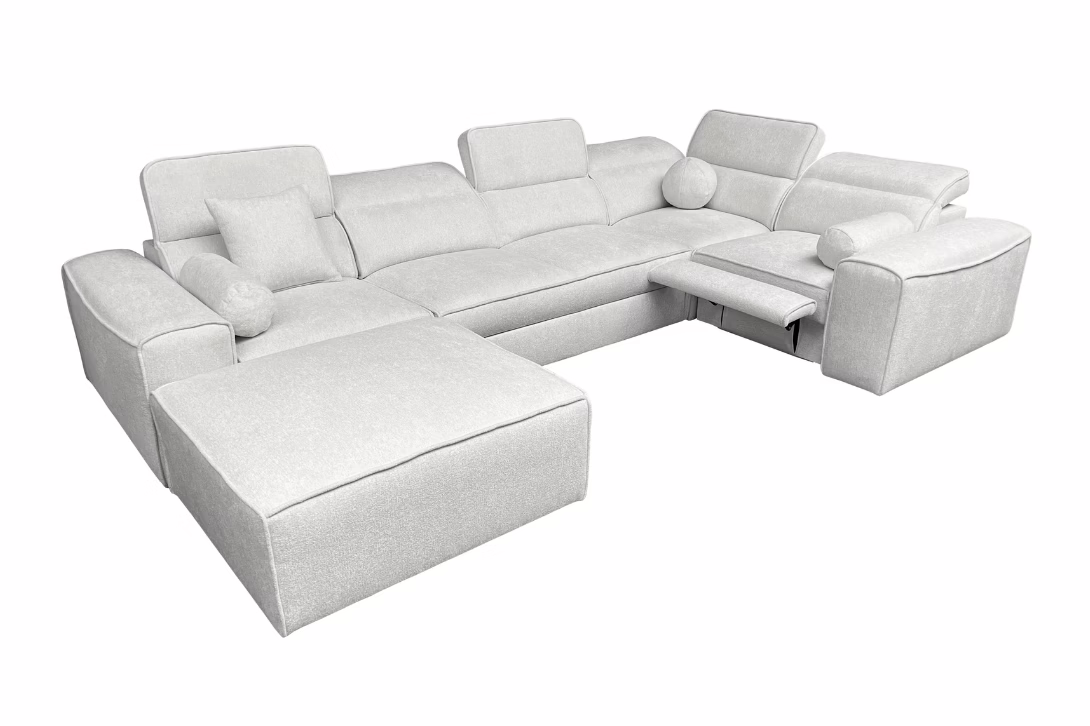 Narożnik TAVIO IV MIX – regulowane zagłówki + elektryczny podnóżek + GRATIS PODUSZKI – 343×205/187 cm