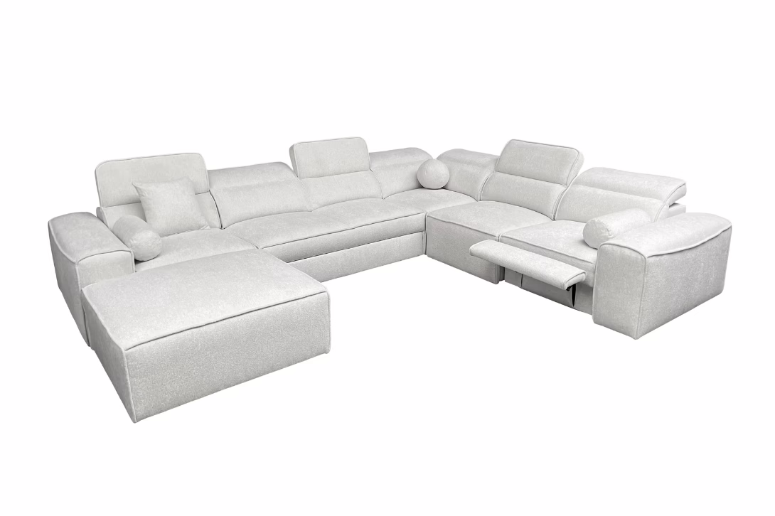 Narożnik TAVIO VII MIX – regulowane zagłówki + elektryczny podnóżek + GRATIS PODUSZKI – 343×278/187 cm