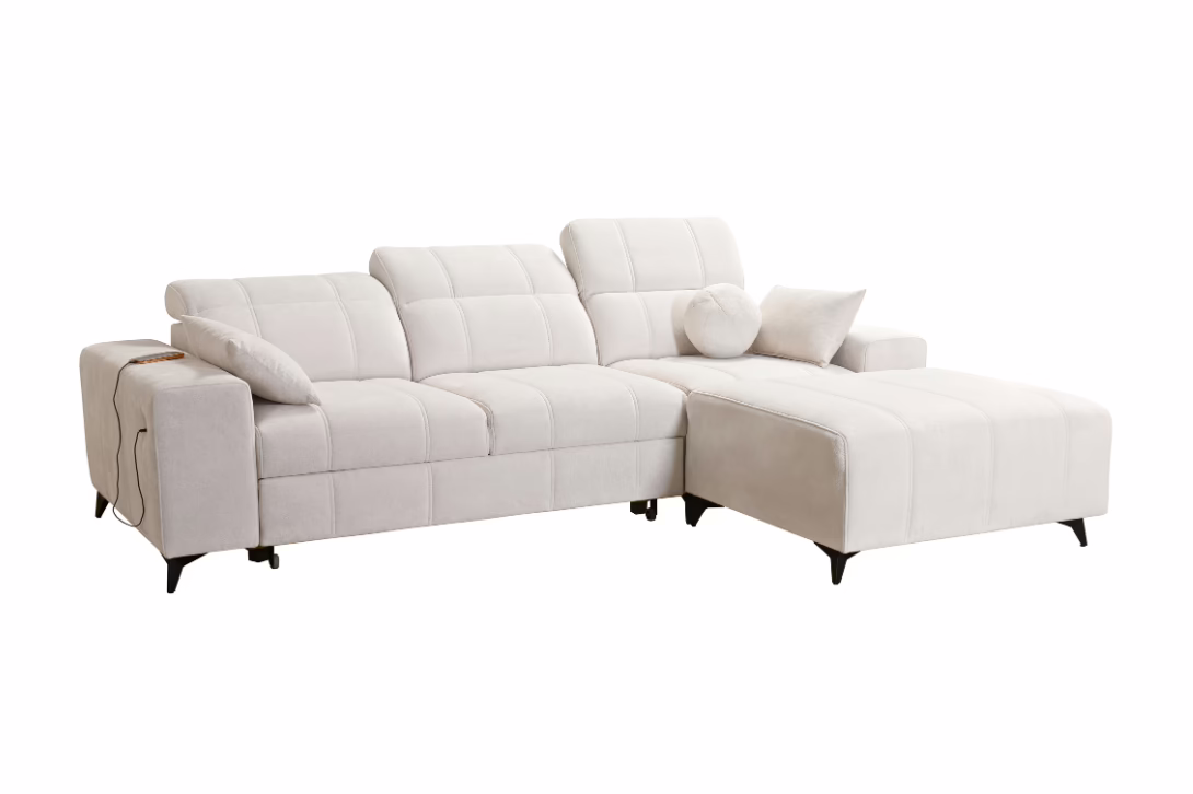 Narożnik VIVIEN I – regulowane zagłówki + pojemnik na pościel + GRATIS PODUSZKI – 267×184 cm