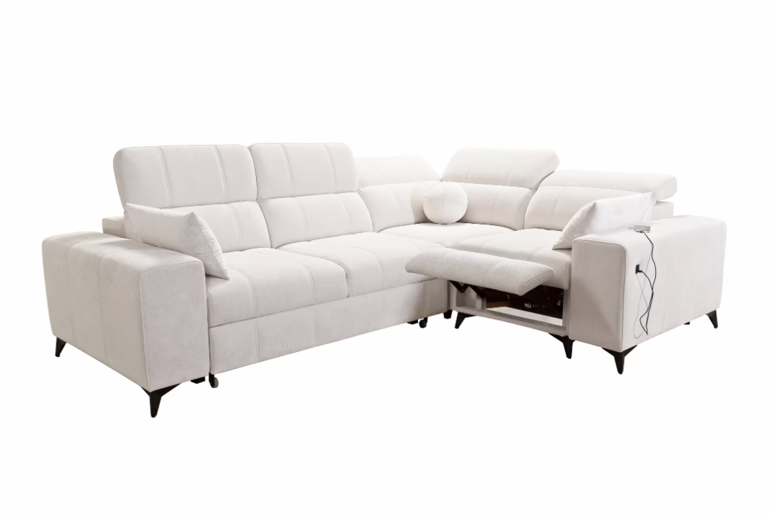 Narożnik VIVIEN II MIX – regulowane zagłówki + elektryczny podnóżek + GRATIS PODUSZKI – 276×205 cm