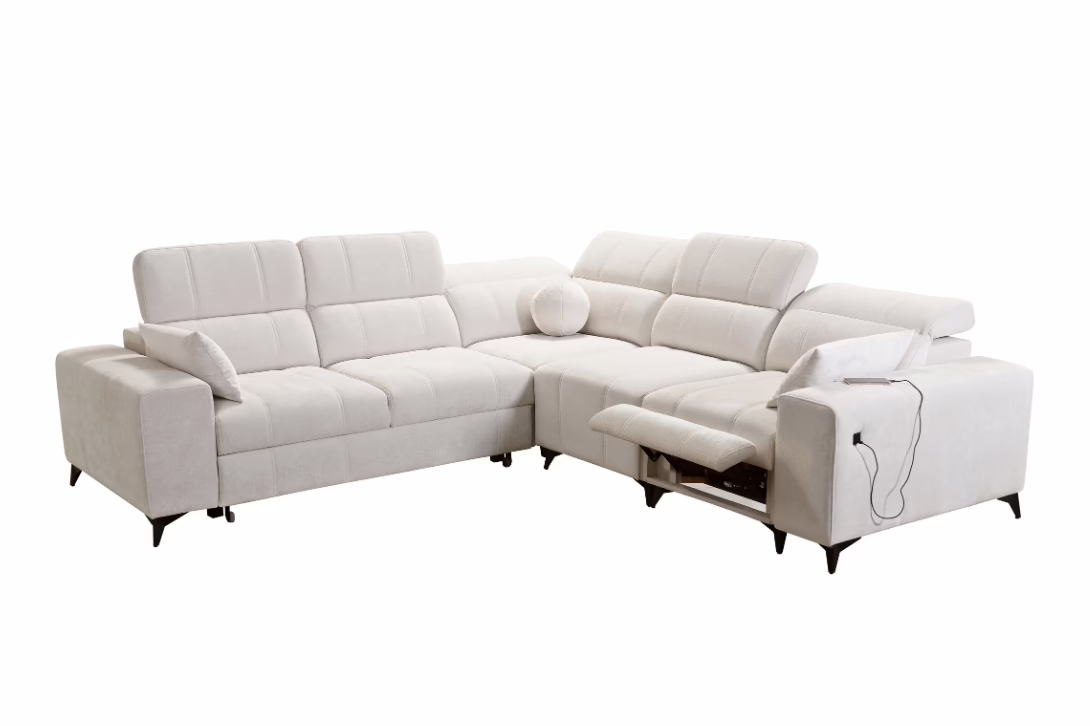 Narożnik VIVIEN III MIX – regulowane zagłówki + elektryczny podnóżek + GRATIS PODUSZKI – 276×276 cm