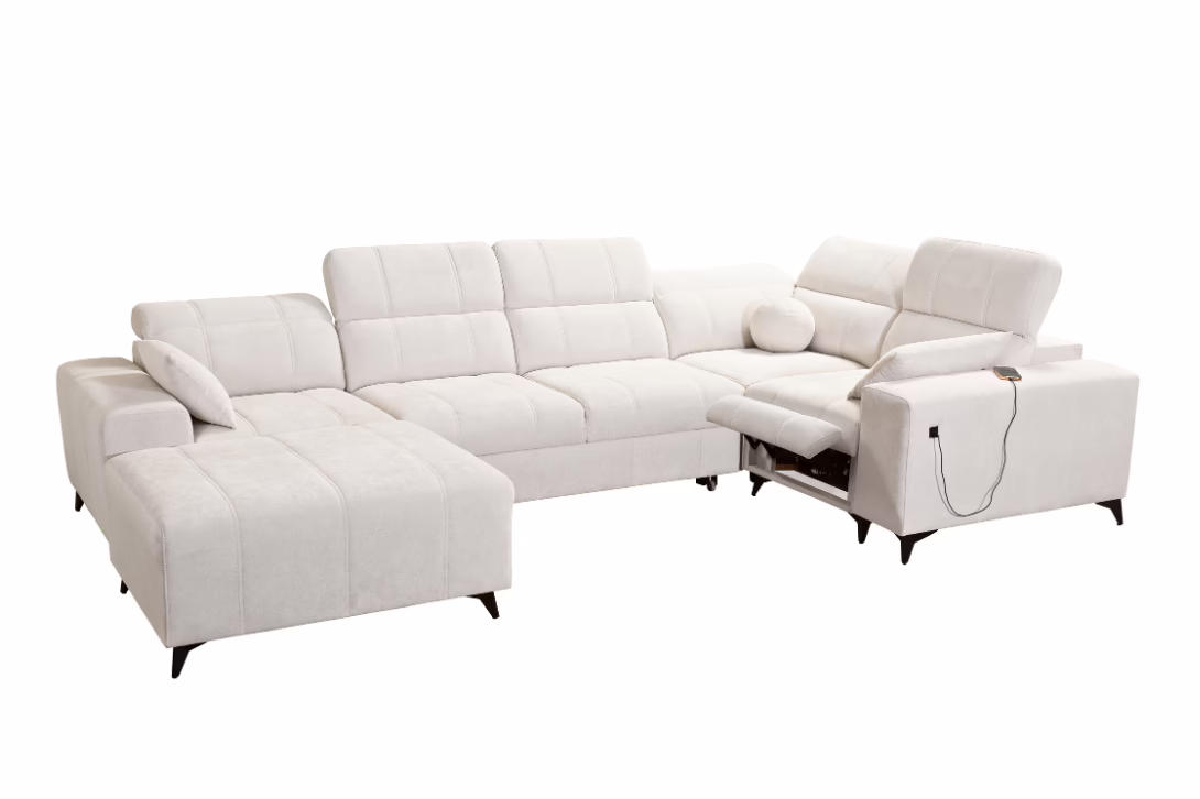 Narożnik VIVIEN IV MIX – regulowane zagłówki + elektryczny podnóżek + GRATIS PODUSZKI – 345×205/184 cm