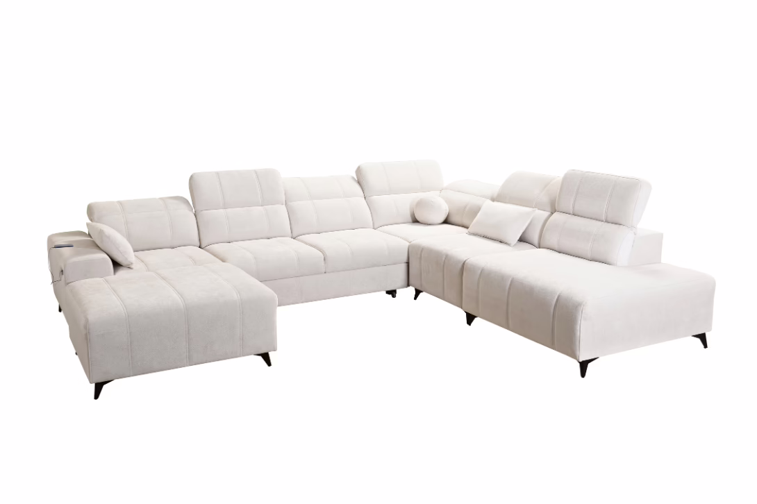 Narożnik VIVIEN X – regulowane zagłówki + pojemnik na pościel + GRATIS PODUSZKI – 345×286/184 cm