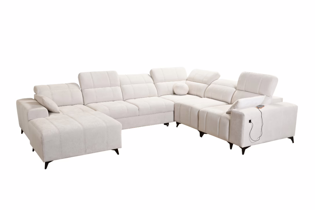 Narożnik VIVIEN VIII – regulowane zagłówki + pojemnik na pościel + GRATIS PODUSZKI – 345×276/184 cm