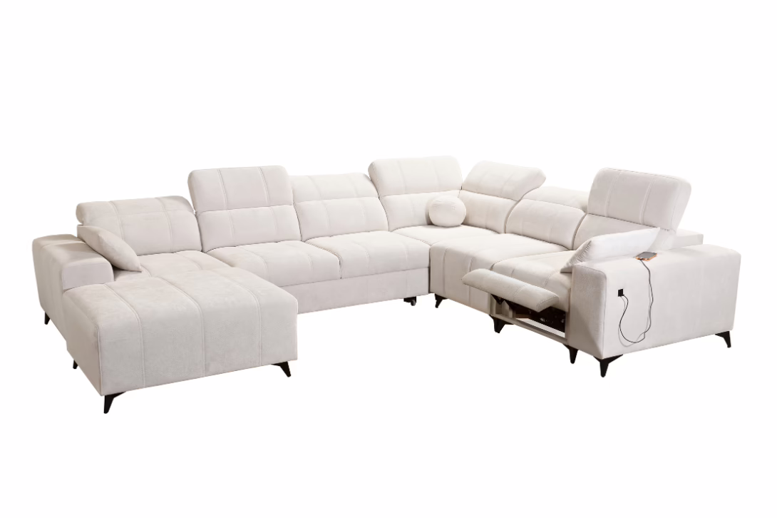 Narożnik VIVIEN VIII MIX – regulowane zagłówki + elektryczny podnóżek + GRATIS PODUSZKI – 345×276/184 cm