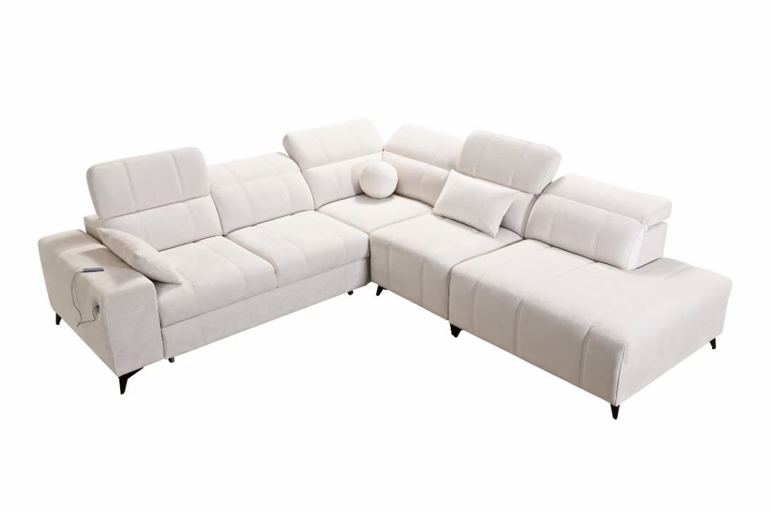 Narożnik VIVIEN IX – regulowane zagłówki + pojemnik na pościel + GRATIS PODUSZKI – 276×286 cm