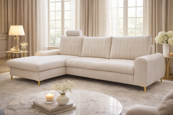 Narożnik MILO - wysokie nogi - funkcja spania + pojemnik na pościel