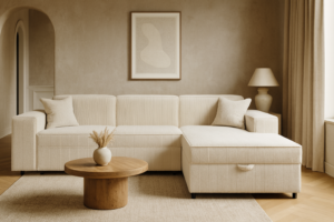 Narożnik SANI L - funkcja spania + pojemnik na pościel - sztruks