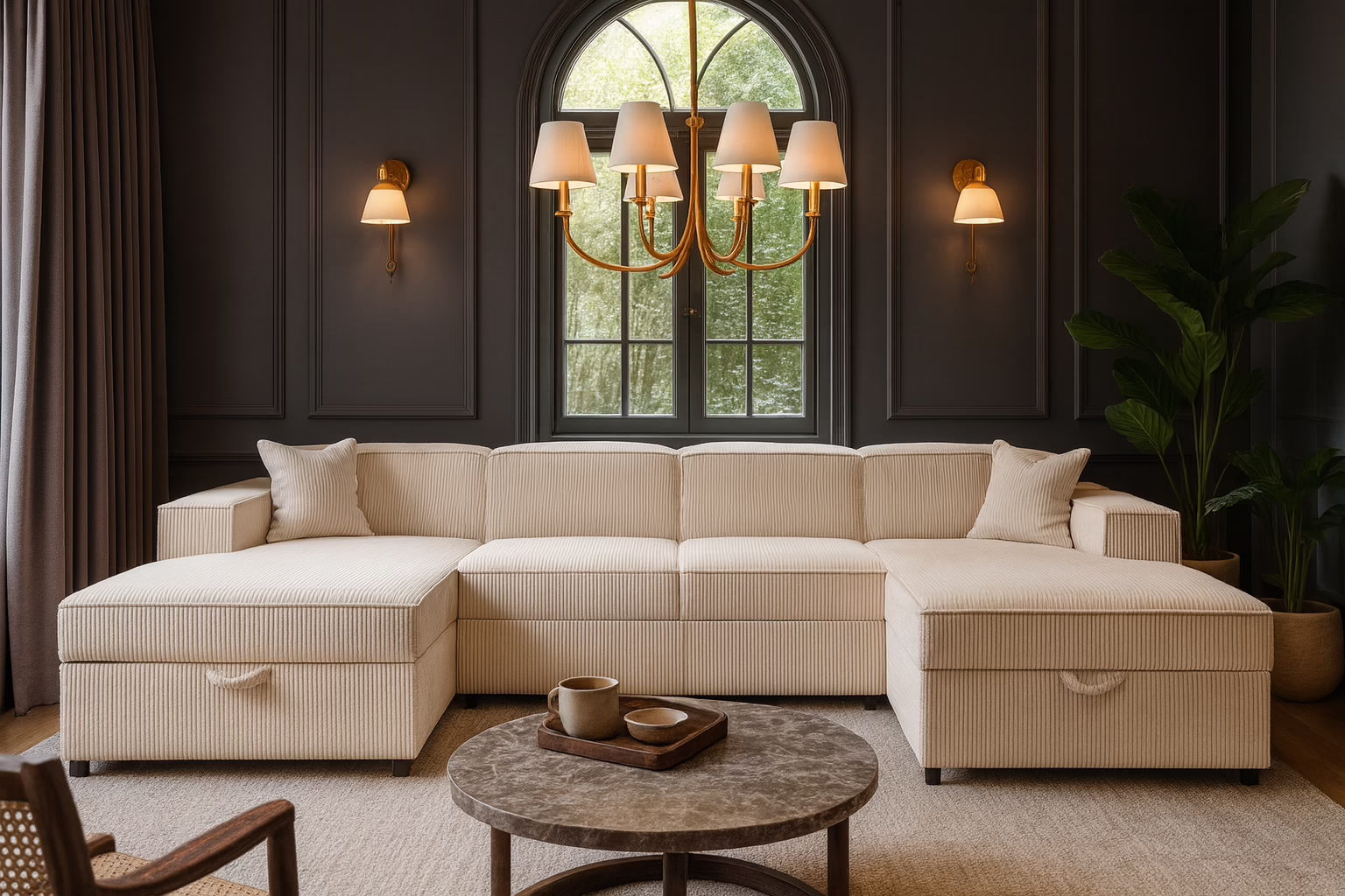 Narożnik SANI U – funkcja spania + 2x pojemnik na pościel – sztruks